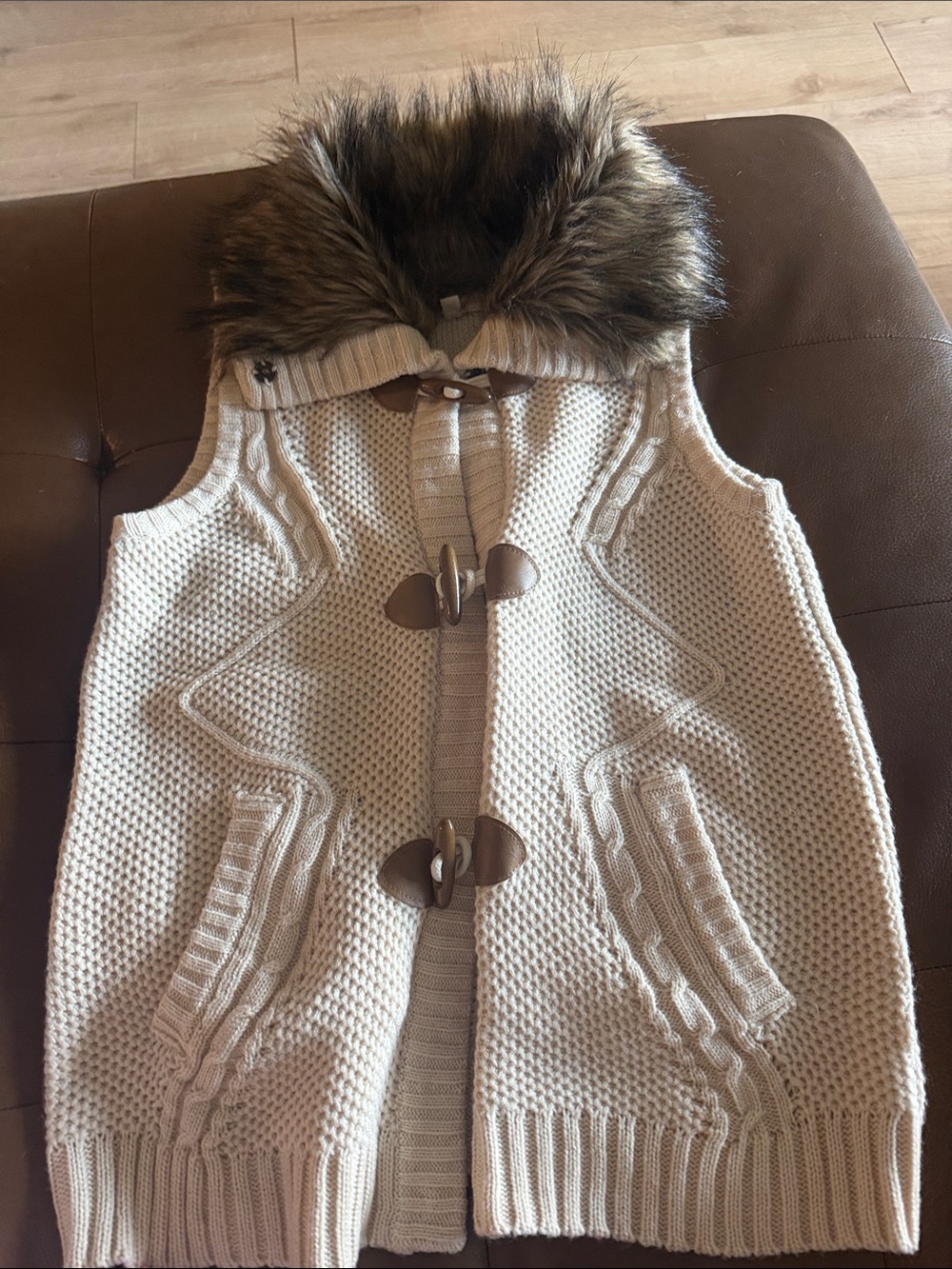 Pink Republic Cream Knit Hooded Vest with Faux Fur Trim